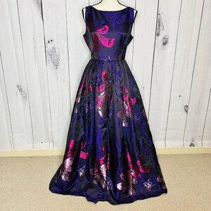 Adrianna Papell Ball Gown Sz 14 Pleated Maxi Dress Full Length Black Purple Pink